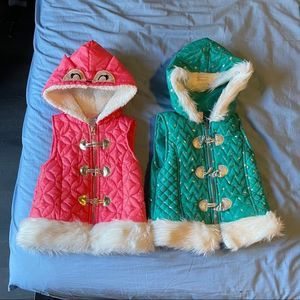 Little Lass 3T winter toggle zip vests faux fur trim pink fox blue hearts GUC